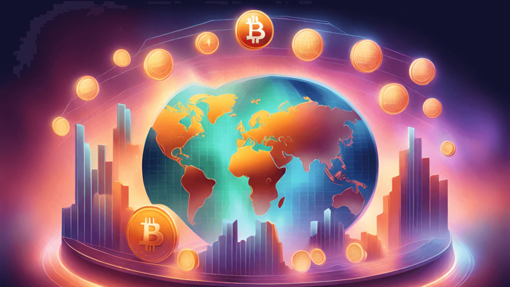 An image displaying various elements such as market indicators, economic factors, technological innovations, and global events that directly influence cryptocurrency prices. It could depict a collage of charts, economic symbols (like currency signs or economic indicators), blockchain representations, market trends, and possibly visual metaphors illustrating factors like regulations, technological advancements, or market sentiment.